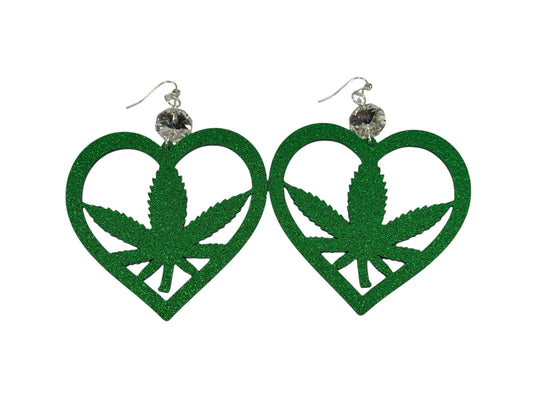 WE HEART WEED EARRINGS - GREEN GLITTER